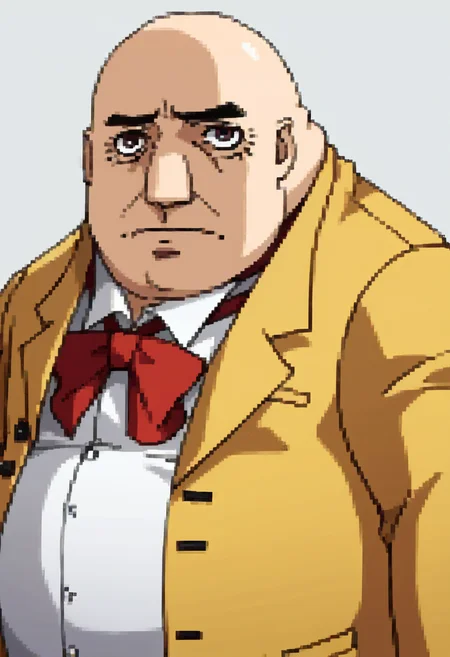 score_9, score_8_up, score_7_up, source_anime, BREAK ,solo, 1boy, <lora:P2-Protraits-pdxl_Fp:1>, portrait, simple background, <lora:p5kobayakawa-pdxl-nvwls-v1:1>, p5principal, fat man, obese, bald, yellow jackets, formal, white shirt, red bow tie, frown, sad,