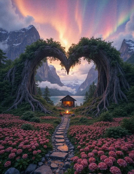 A surreal 8K landscape where two mirrored mountain ranges curve into a heart shape, their peaks connected by a bridge of glowing ivy. At the center, a cottage made of intertwined tree roots houses two silhouettes dancing by a fireplace. Aurora borealis ripples above in shades of rose and gold, while the valley below blooms with flowers that open into tiny heart shapes. Style: Hyper-realistic with a touch of Thomas Kinkade’s luminous warmth, rendered in absurdres for every petal and snowflake