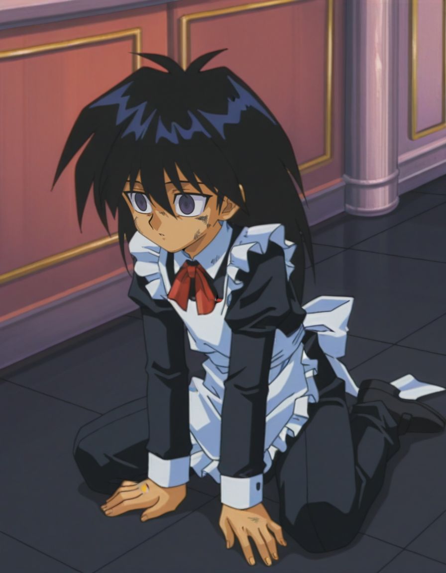 masterpiece, best quality, male focus, looking ahead, bedroom, (maid:1.2), solo,dirty, on ground, 
<lora:Mind_Controlled_Mokuba_1:0.9>, m0ku, 1boy, black hair, long hair, purple eyes, retro artsyle, 1990s (style), hair between eyes, male child, empty eyes,