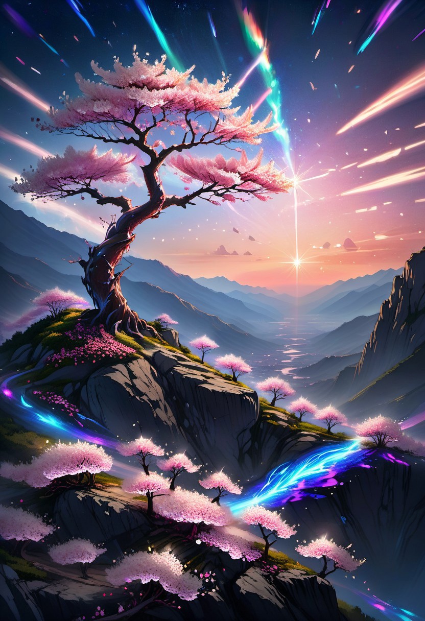 score_9, score_8_up, score_8, full color painting of lone sakura tree, over mountain edge, on the top of mountain, pink blossom, petals on the wind, far view, night time, stars in the sky,  landscape, dramatic lights,  sparkles around, insane details, intricate details, hyperdetailed, soft cinematic light, dim colors, exposure blend, hdr, faded