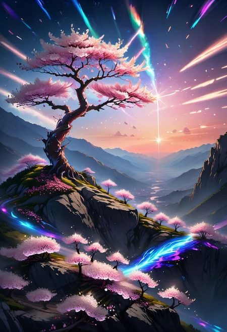 score_9, score_8_up, score_8, full color painting of lone sakura tree, over mountain edge, on the top of mountain, pink blossom, petals on the wind, far view, night time, stars in the sky, landscape, dramatic lights, sparkles around, insane details, intricate details, hyperdetailed, soft cinematic light, dim colors, exposure blend, hdr, faded