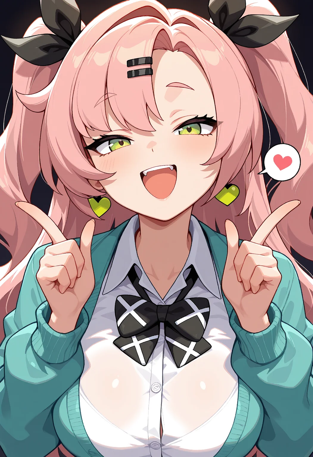 <lora:Lora\Western_anime_mix-000002:1>
masterpiece,best quality, amazing quality, solo, 1girl, nicole_demara_(zenless_zone_zero), alternative costume :d, hands up, aqua jacket, collared shirt, heart, index fingers raised, long hair, looking at viewer, open mouth, dark background, simple background, smile, solo, spoken heart, upper body, anime artwork, western animation, rsr

