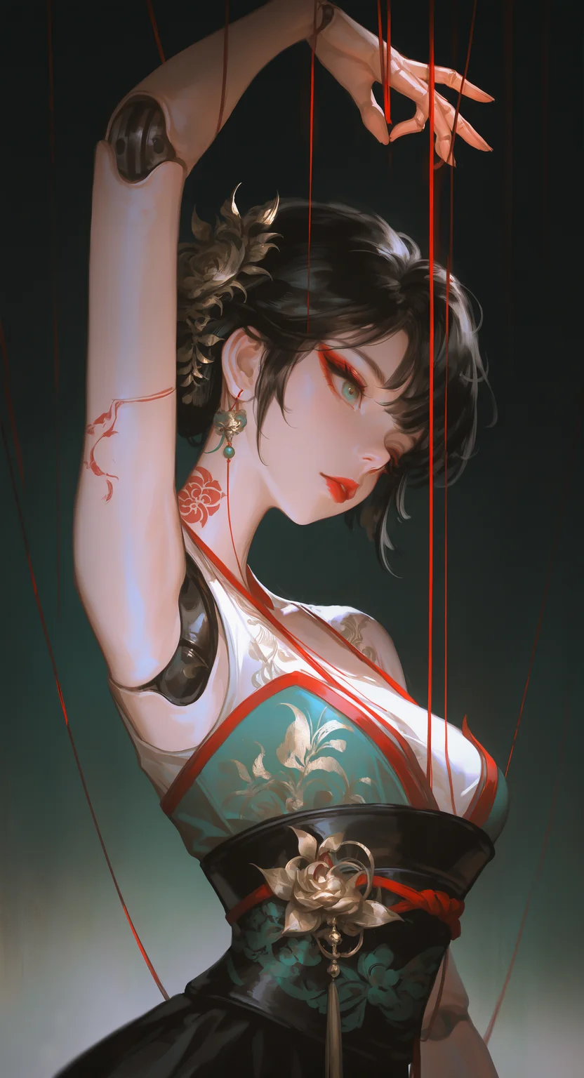 masterpiece, best quality, Good quality, very aesthetic, absurdres, newest, 1girl, solo, breasts, short_hair, black_hair, hanfu, medium_breasts, armpits, arm_up, lips, floral_print, nose, red_lips, joints, string, puppet_strings,
Simple monochrome tattoo, Blue green gradient background <lora:ponyv5_noobE11_1_adamW-000013:0.7> <lora:USNR_STYLE_XL_lokr:1>