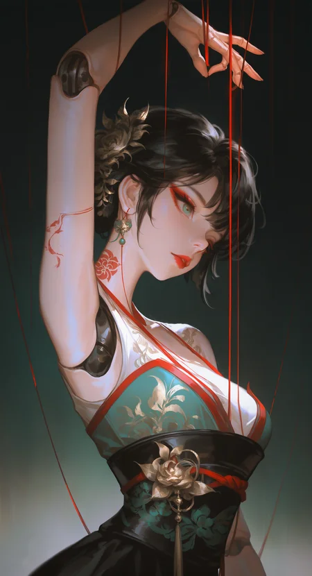 masterpiece, best quality, Good quality, very aesthetic, absurdres, newest, 1girl, solo, breasts, short_hair, black_hair, hanfu, medium_breasts, armpits, arm_up, lips, floral_print, nose, red_lips, joints, string, puppet_strings,
Simple monochrome tattoo, Blue green gradient background <lora:ponyv5_noobE11_1_adamW-000013:0.7> <lora:USNR_STYLE_XL_lokr:1>