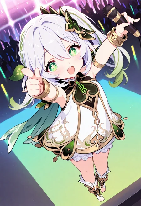 masterpiece, best quality, amazing quality, very aesthetic, absurdres, newest ,hold microphone,
open mouth, smile, sparkling fur , stage, idol, penlight (glowstick), crowd, stage lights, microphone, looking at viewer, singing, pointing at viewer, outstretched arm, holding microphone,
1girl,soro,nahida \(genshin impact\),in-game dress,hair ornament,bloomers,bracelet,cape,
stirrup legwear , side ponytail hair, looking up, looking at viewer, arms up, solo, High angle view, masterpiece, best quality, very aesthetic, absurdres,