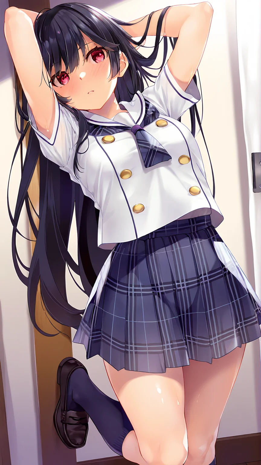amazing quality,absurdres,best quality,masterpiece,highres,newest,detailed,detailed body,detailed face,masterpiece,best quality,solo,
mihamamiyu,1girl,very long black hair,red eyes,white short-sleeve serafuku school uniform,plaid pleated skirt,kneehighs,loafers,
<lora:ç¾æµ è©  ï¼ã¿ã¯ã¾ ãã¿ï¼:0.8>,