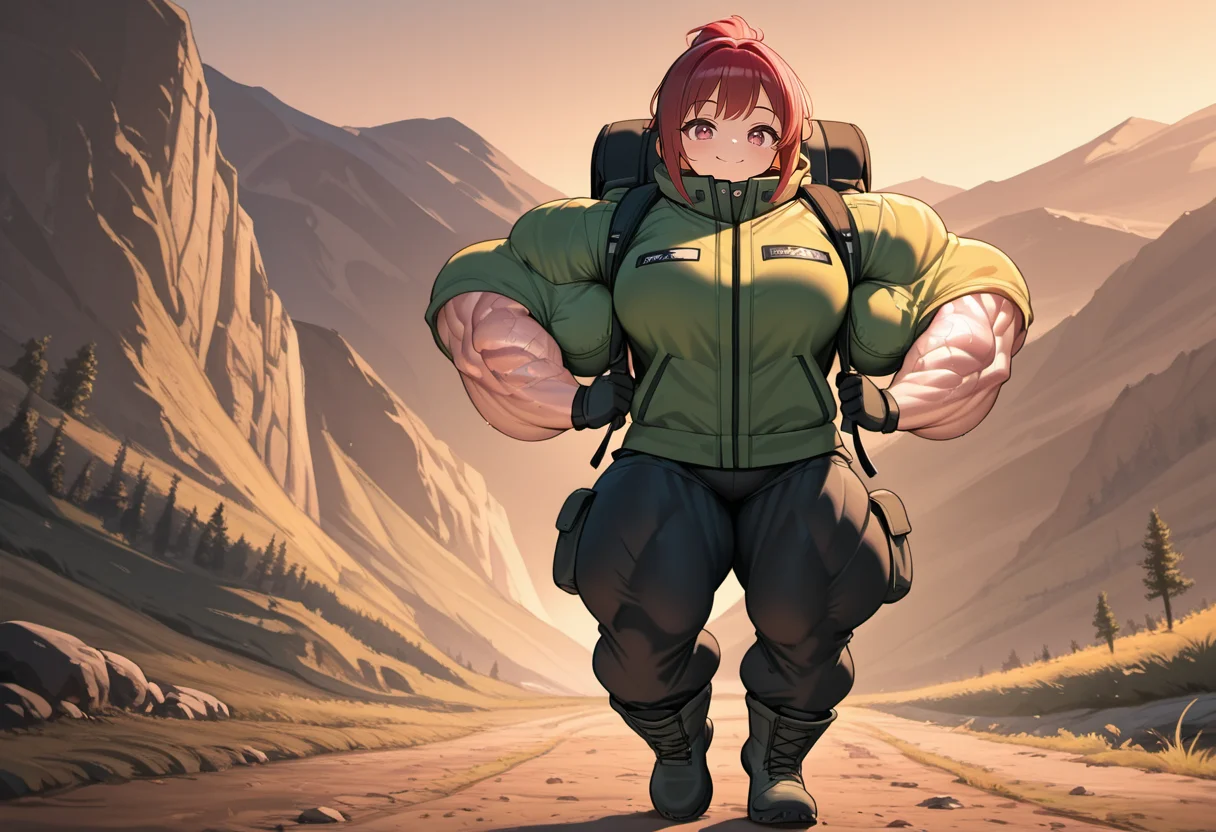 a girl walking in the mountains, she wears trek jacket, pants and hiking rucksack,  she smiles and enjoys the landscape, (fully clothed:1.5),
1girl, hiking clohes, hiking boots, hiking rucksack, pants,
 <lora:Hyper_Muscles_2nd_IL:0.8> hyper-mscl, muscular female, hyper muscles,, Smooth Quality - Illustrious,