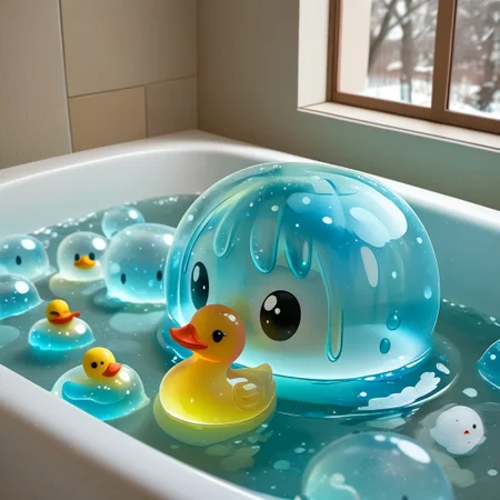 {1rubber duck, 1 rubber duck made out of slime, (slime rubber duck:1.5), yellow slime body, orange slime beak, glossy black eyes, translucent slime rubber duck, transparent slime rubber duck}
hud_sp_bth, flower, petals, water, bath, in an elegant bath tub, bubbles made out of slime, slimes hiding in the bath bubbles, bubble bath, perspective from inside tub, prespective from inside bath,
everything made of slime, No simple background,
((translucent slime)), ((transparent slime)), (bioluminescent slime), sl1m3d, slime, slime-morph, saturated colors,