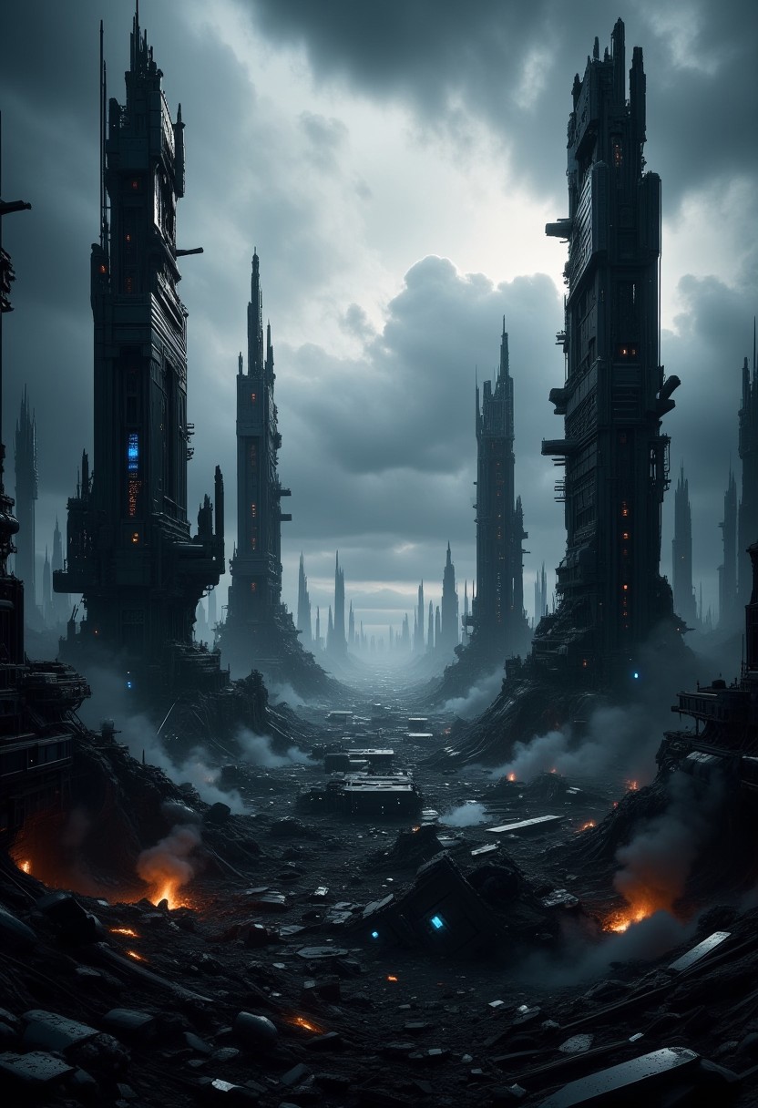 An aerial view of a post-apocalyptic landscape featuring a ruined Earth with destroyed buildings and crumbling infrastructure. The scene is marked by vast desolation and barely any signs of life. In the distance, the remains of once-mighty skyscrapers now lie in ruins, with twisted metal and broken glass glistening in the dim light. The atmosphere is dark and foreboding, with an overcast sky heavy with clouds casting a gloomy shadow over the devastation below. Hints of futuristic technology are visible amidst the wreckage, such as advanced machinery and remnants of holographic billboards. An epic masterpiece with intricate attention to detail, capturing the somber and haunting beauty of a world in futuristic ruins.