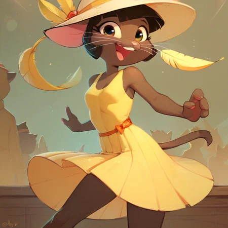 score_9, score_8_up, score_7_up, score_6_up, score_5_up, score_4_up, score_9, score_8_up, low light, solo, 1girl, ovypep, petite, slender, dark skin, anthro cat, whiskers, small ears, slender tail, cute face, yellow dress from the 20's, big yellow cloche hat with feather, dancing on the floor of a bar, swinging arms, looking at you, sexy, fun, laughing, teasing, busy bar, <lora:Ivypepper:1> <lora:xl_more_art-full_v1:1> <lora:more_details:1> <lora:Photo 2 Style SDXL_LoRA_Pony Diffusion V6 XL:1> <lora:ugly_style:-1>