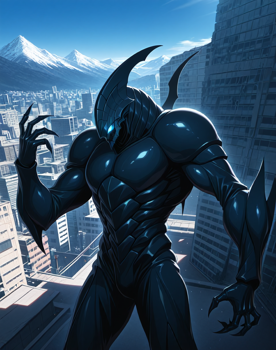 score_9, score_8_up, score_7_up,
<lora:Hyper_Zoanoid_(Guyver)_(Illustrious)_(AD):1> Hyper Zoanoid, Guyver, monster, 
exterior, science fiction, mountains, city skyline, blue sky with anime clouds,
cowboy shot,
colored body, glowing eyes, dominating, powerful, solo, 
BREAK Smooth Quality, IllusP0s, lazyhand, lazympos, lazynsfw,