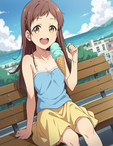 score_9, score_8_up, score_7_up, source_anime,
chiesayama, <lora:chie-sayama-ponyxl-lora-nochekaiser:1>
chie sayama, brown hair, yellow eyes, hair ornament, hairclip,
camisole, blue camisole, bare shoulders, collarbone, skirt, yellow skirt,
outdoors, cityscape, eating, smile, ice cream, sitting, bench, open mouth,
looking at viewer, dutch angle, cowboy shot,