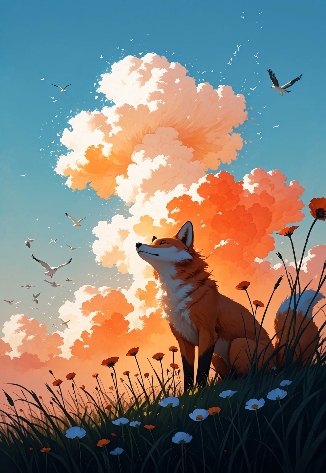 Scandinavian Style Palette, ( impressionism:1.7 ), realistic body,
fox, sitting in grass, tall grass, poppy flowers, from below, birds, gradient orange cloud, wind, wind running through fur, windy, proud fox