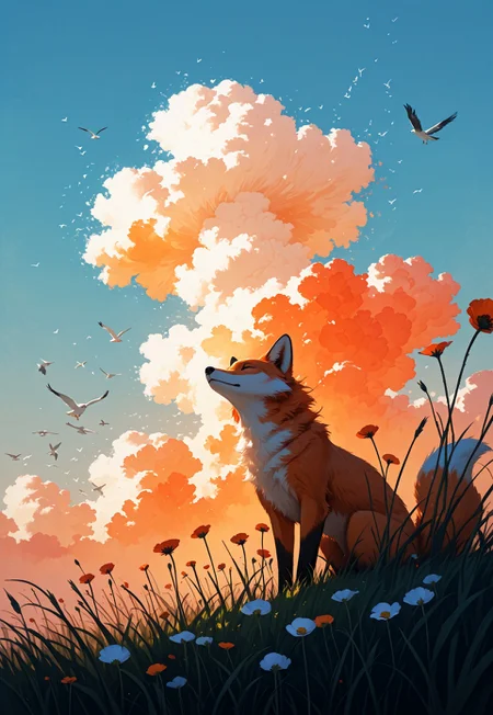 Scandinavian Style Palette, ( impressionism:1.7 ), realistic body,
fox, sitting in grass, tall grass, poppy flowers, from below, birds, gradient orange cloud, wind, wind running through fur, windy, proud fox