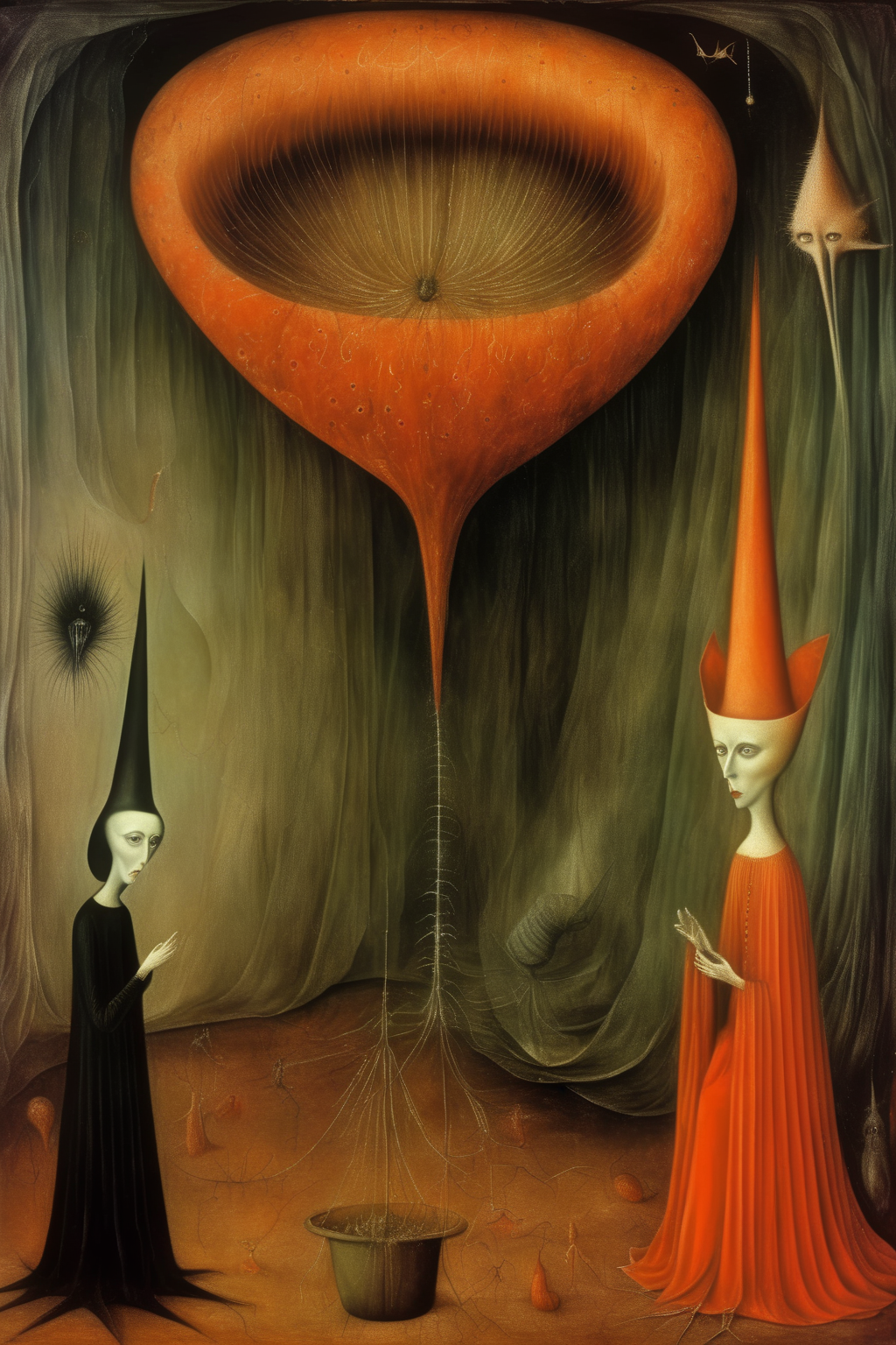 <lora:Leonora Carrington Style:1>Leonora Carrington Style - anxiety growing like bad weed in the surrelaist style of Leonora Carrington and Remedios Varo