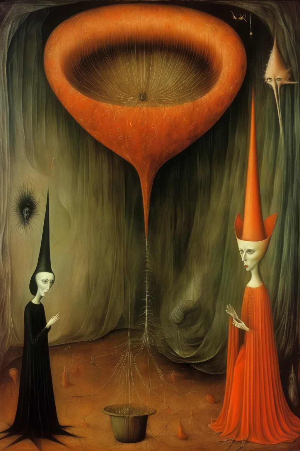 <lora:Leonora Carrington Style:1>Leonora Carrington Style - anxiety growing like bad weed in the surrelaist style of Leonora Carrington and Remedios Varo