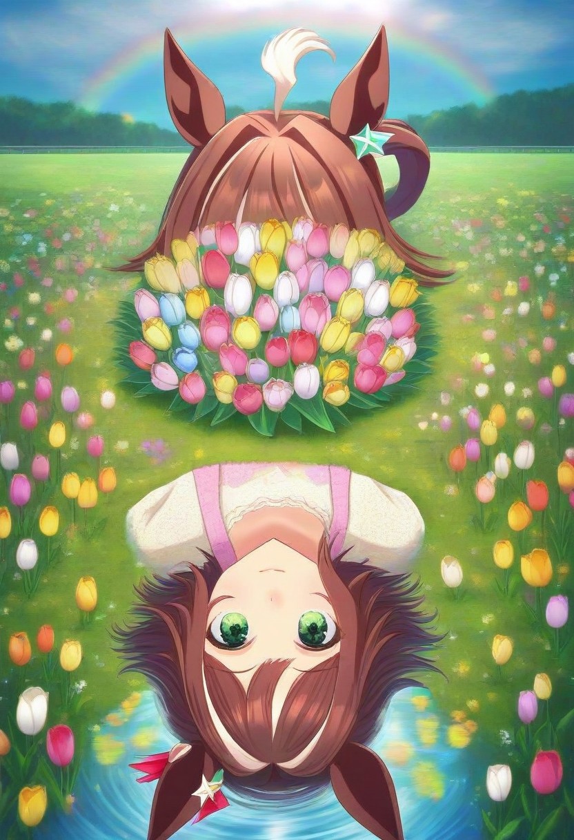 (umamusume, rhein_kraft_(umamusume), horse_ears, horse_girl, tail, 1girl, Tulip, animal_ears,), 
casual, field, flower, flower_field, green_eyes, hair_between_eyes, hair_ornament, 
head_wreath, looking_at_viewer,  solo, , symmetric ,spiralling vortex made of multicoloured tulips,ripples, reflective, jaynl-tm, rainbow, , g0ldsw0rthy,
(realistic, photo,  artistic, medium_hair, one_eye_closed, petals, relaxing,  lush foliage sunrise,  ,  : 0.7)