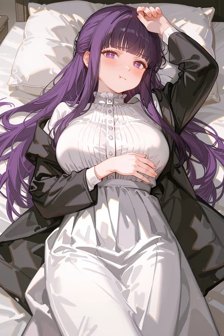 1girl, fern \(sousou no frieren\), solo, large breasts, black coat, long white dress, lying on bed, embarrassed, blush, pout, :t, looking at viewer, covering privates <lora:Char-Fern-IL-V1:0.8:hr=0.6>, ciloranko, alphonse \(white datura\), ask \(askzy\), gomzi, you shimizu
masterpiece, best quality, amazing quality, very aesthetic, absurdres, newest, (scenery, volumetric lighting), ray tracing, (bloom:1.4), cinematic