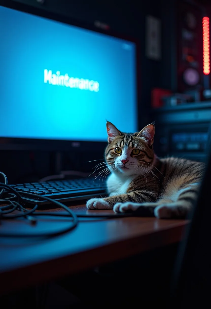Score_9, score_8_up, score_7_up, cute tabby cat laying on a computer keyboard surrounded by loose wiring, blue computer screen of death, dark server room, computer crash, red blinking lights, blue screen shows the words under maintenance, under maintenance focus