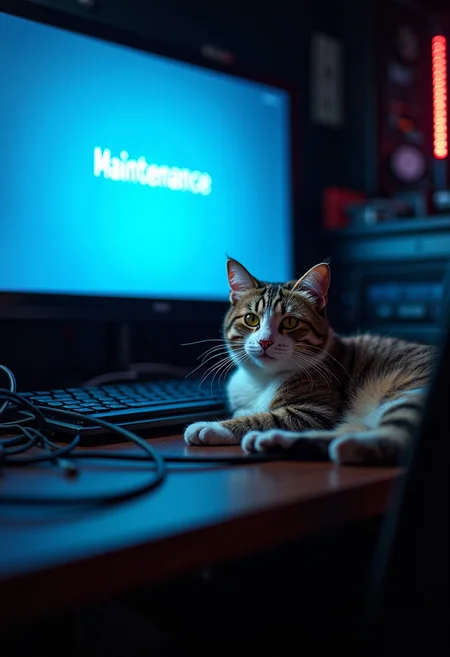 Score_9, score_8_up, score_7_up, cute tabby cat laying on a computer keyboard surrounded by loose wiring, blue computer screen of death, dark server room, computer crash, red blinking lights, blue screen shows the words under maintenance, under maintenance focus