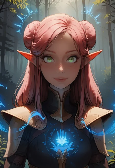 safe_pos, safe_pos, (masterpiece), highest quality, upper body, 1girl, sexy elf sorceress, pink hair, double bun hair, hair tendrils on both sides of face, perfect detailed glowing green eyes, beautiful detailed face, slim, small breasts, (simple light armor), (naughty smile), hands pulsating with blue magic energy, (blue magic effects), (casting spell), dynamic pose, blue magic particles, glowing particles, outdoors, daytime, serene forest, detailed background