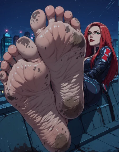 score_9, score_8_up, score_7_up, anime_source, BREAK,
masterpiece, best quality, mature woman, solo, <lora:NewAvengers:0.7> black widow, red hair, black body suit, belt, green eyes, bracelets, black gloves, barefoot, soles, wrinkled feet, (dirty feet:1.3), looking at viewer, evil smirk, parted lips, rooftop, outdoors, cityscape, night, neon lights, <lora:g4n1m3XLP:0.7> g4n1m3