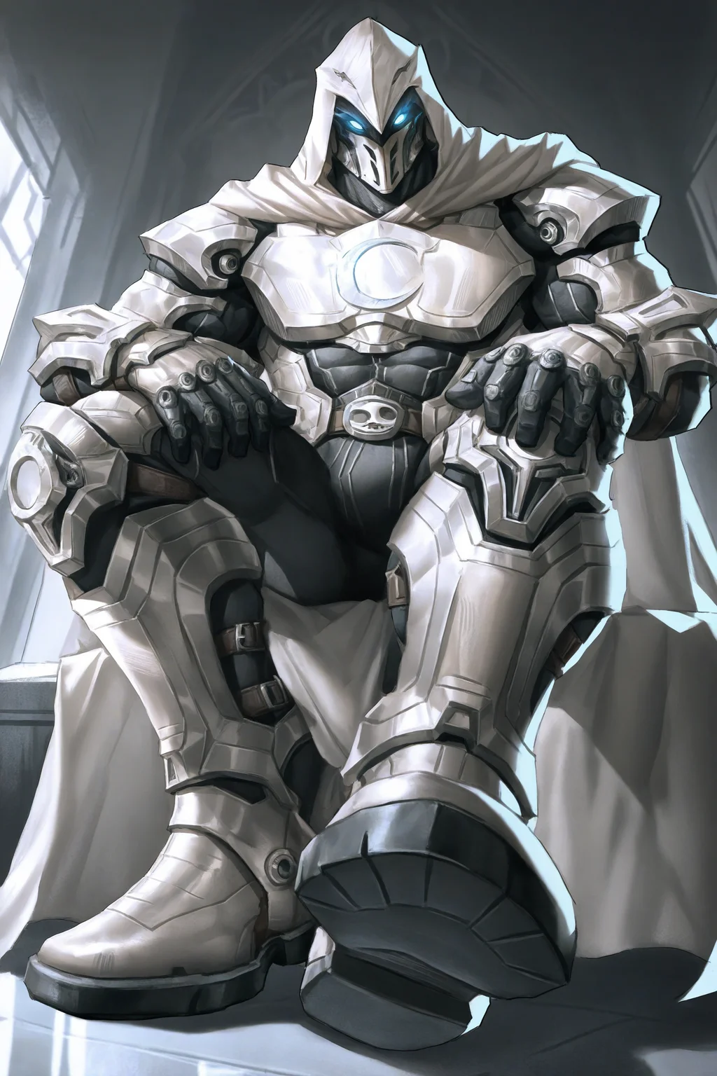 lindong, moonknight, 1boy, hood, armor, cape, glowing eyes, blue eyes, mask, bara, muscular, <lora:moonknight_noob75_prodigy-000035:0.9>, 
dominant, from below, perspective, hand on leg, sitting, foot focus, boots, 
masterpiece, high quality,