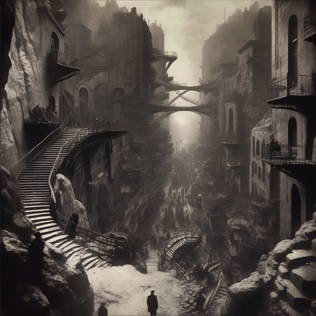 eldoria dark surreal city on the rocks composed of stairs, groups of people, dark atmosphere, very realistic detail, cinematic<lora:eldoria:1>
