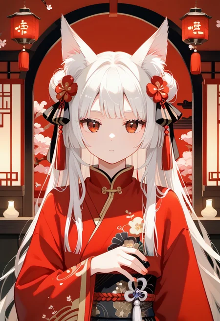 score_9, score_8_up, score_7_up, score_6_up , (masterpiece, best quality:1.4),
high detailed background,(young-fox-girl:1.6), (white-hair:1.5), (red-eyes:1.6), (hanfu:1.4), (anime-style:1.5), (expressionless:1.6), (innocent-look:1.5), (fox-ears:1.4), petite, long-sleeves, (flowing-hanfu:1.3), (minimal-expression:1.5), hair-ornaments, soft-color-palette, traditional-chinese-patterns, (dim-lighting:1.2), ancient-chinese-room, lanterns, sliding-doors, cinematic, digital-illustration