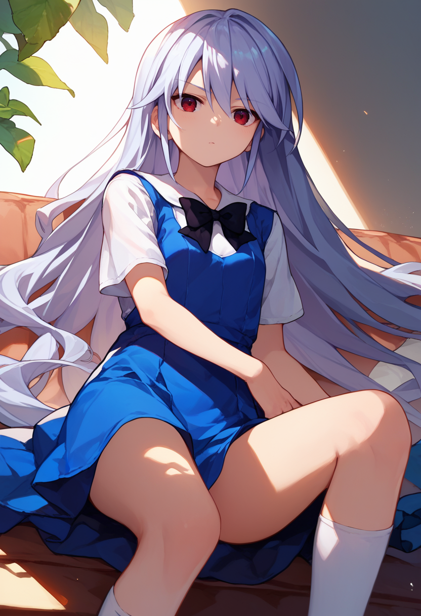 score_9, score_8_up, score_7_up,  1girl,  Kazuki, silver hair, long hair, red eyes, white shirt, blue dress, black bow, white knee highs,    <lora:Kazuki Dora V2-000008:1>