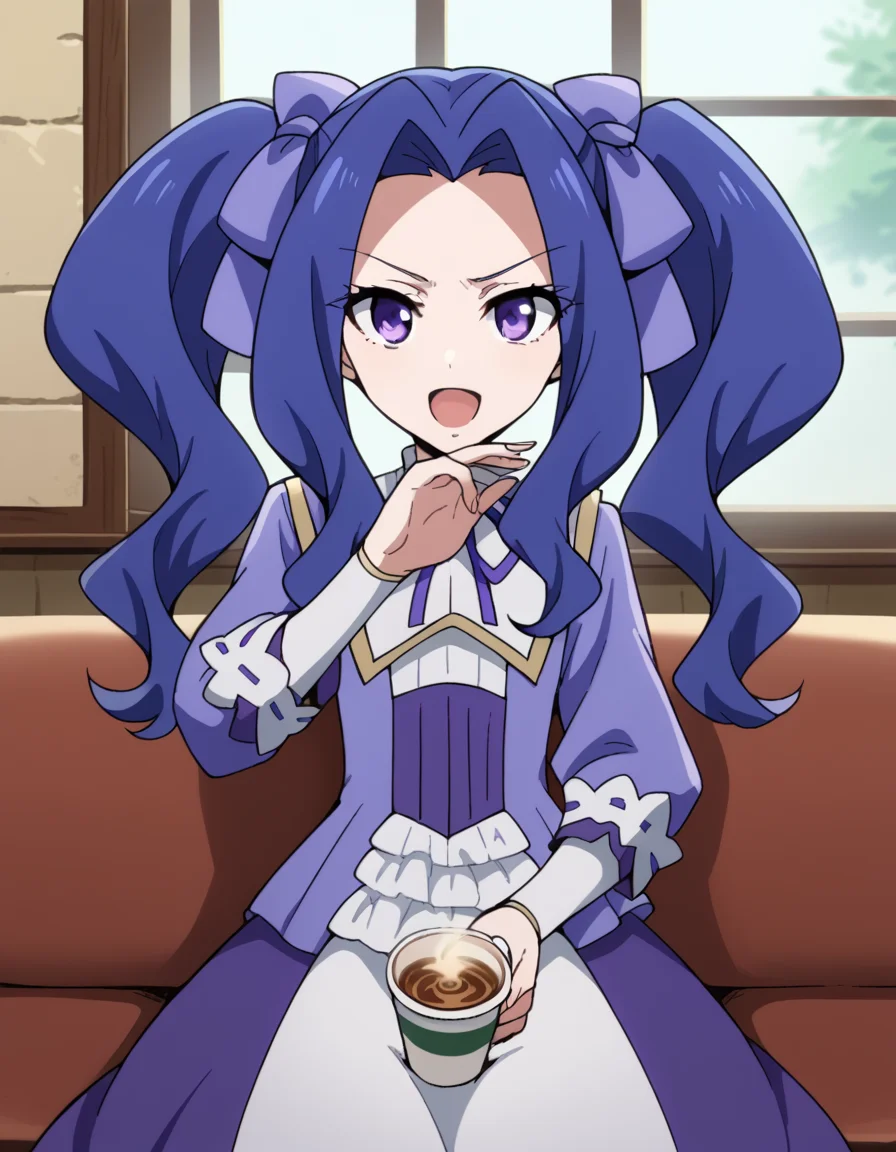 score_9, score_8_up, score_7_up, source_anime, <lora:melty-q-melromarc-s1-ponyxl-lora-nochekaiser:1>, melty q melromarc, long hair, ribbon, twintails, blue hair, purple eyes, hair ribbon, purple ribbon, parted bangs,, long sleeves, dress, frills, ribbon trim, purple dress,, cafe, coffee cup, barista, sitting down, talking, relaxing, sunlight through window, , <lora:ojou-sama-pose-ponyxl-lora-nochekaiser:1>, ojou-sama pose, laughing, smug, hand to own mouth, open mouth,, looking at viewer, solo,, dutch angle, cowboy shot