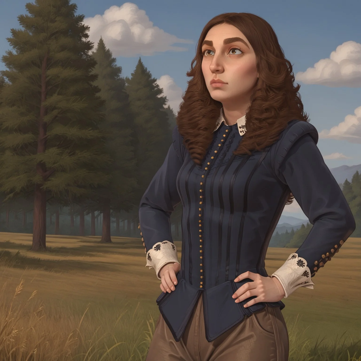 1girl, solo, kristina, long hair, brown hair, dress shirt, brown pants, big nose, thick eyebrows, standing with hands on hips on a grassy hillside with wind in her hair, blue sky with clouds, trees in background