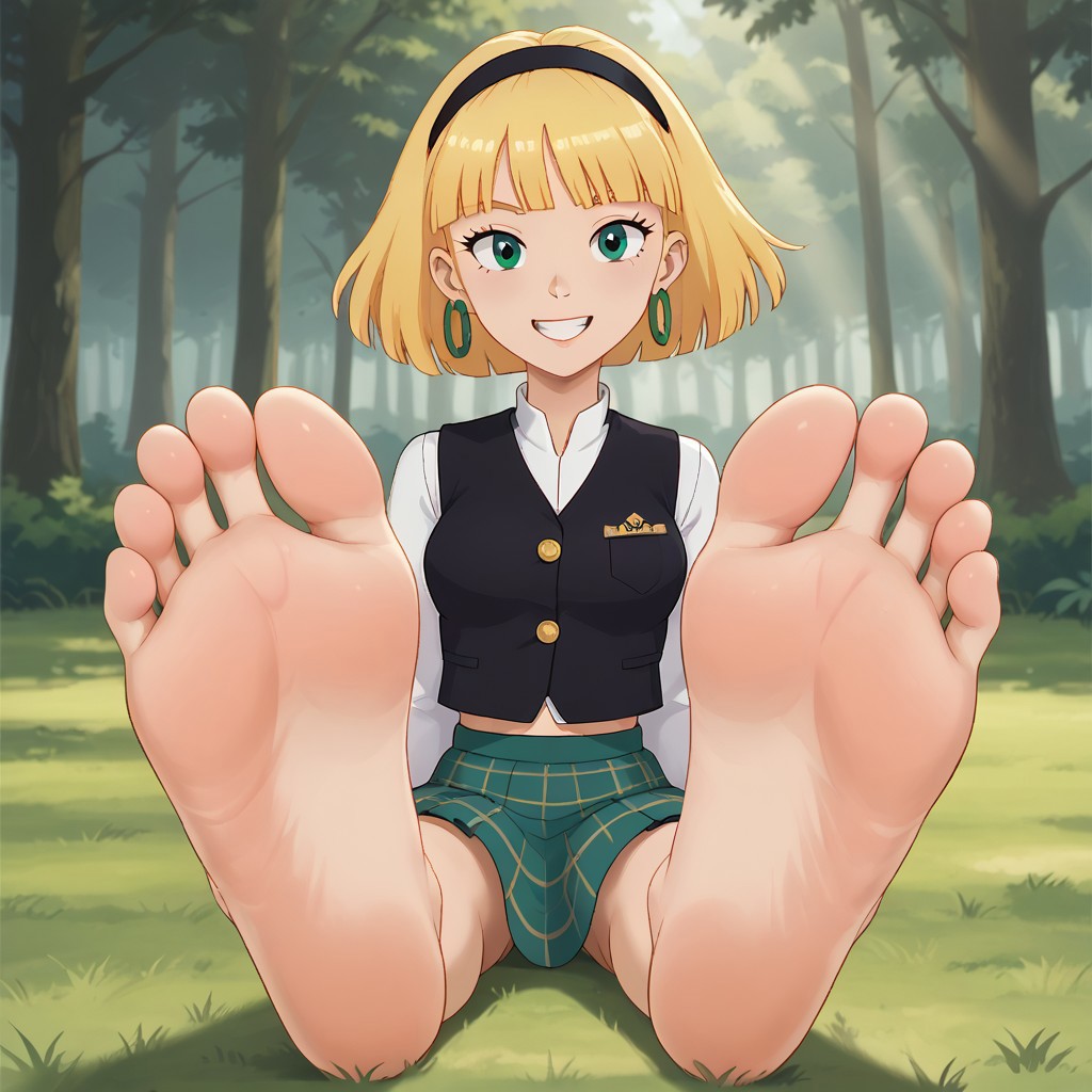 score_9, score_8_up, BREAK, (masterpiece:1.4), (best quality:1.2), solo, perfect anatomy, accurate anatomy, perfect feet, perfect soles, PONYXL_WaifuFeetPics_ownwaifu, solo, Olga Pataki, blonde hair, bobbed flip hairstyle, black headband, midriff-baring white long-sleeved shirt with a black vest over it, green plaid skirt, emerald hoop earrings, sexy pose, self portrait, smile, outdoors, sunlight, shadows, evening lighting, natural lighting, forest, trees, grass, orange sky, sunset, (((sitting, barefoot, foot focus, feet, soles)))