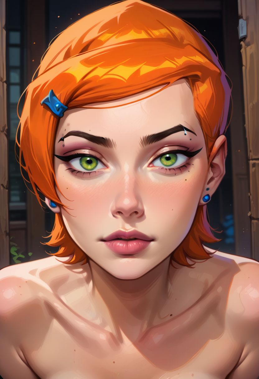 score_9, score_8_up, score_7_up, score_6_up, score_5_up, score_4_up, 1girl, slim, fit, realistic, beautiful eyes, gwen tennyson (/Ben10)/,(ultra HD quality details), bright orange hair, short hair, (green eyes), mouth opened, hiding, focusing on colorful beetle