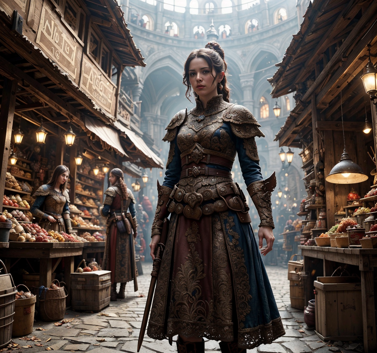 RAW photo, (masterpiece:1.3), subsurface scattering, heavy shadow, (high quality:1.4), (intricate, high detail:1.2), professional color photography, HDR, High Dynamic Range, realistic, ultra realistic, photorealistic, high resolution, film photography, ambient lighting, atmospheric effects, <lora:detail_slider_v4:2>, OverallDetail, <lora:FantasyMarket:0.5>, fanmar, a townguard standing watch in a fantasy market, <lora:TownGuard:1> epiCPhoto