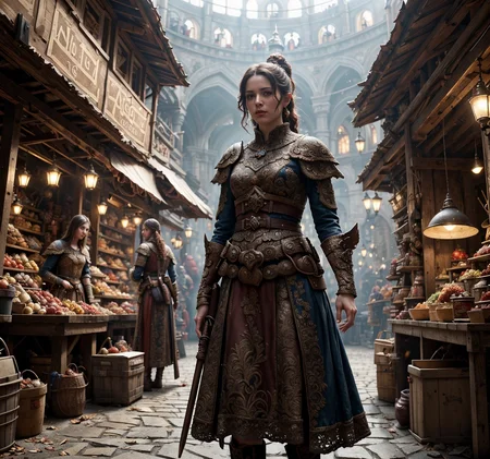 RAW photo, (masterpiece:1.3), subsurface scattering, heavy shadow, (high quality:1.4), (intricate, high detail:1.2), professional color photography, HDR, High Dynamic Range, realistic, ultra realistic, photorealistic, high resolution, film photography, ambient lighting, atmospheric effects, <lora:detail_slider_v4:2>, OverallDetail, <lora:FantasyMarket:0.5>, fanmar, a townguard standing watch in a fantasy market, <lora:TownGuard:1> epiCPhoto