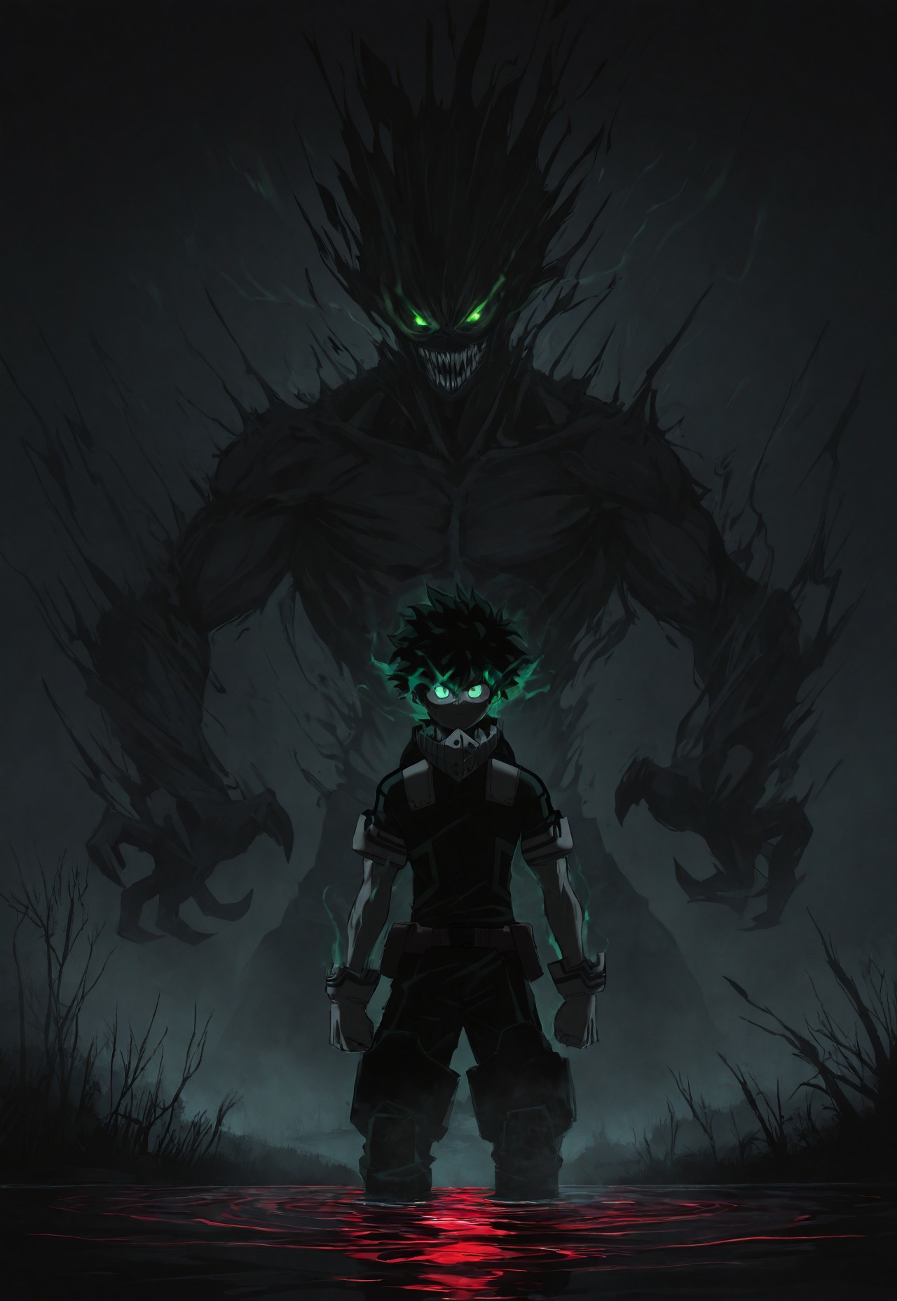 masterpiece, best quality, amazing quality, very aesthetic, absurdres, newest, detailed background, antiKH, 1boy, solo, midoriya izuku, skinny, muscular, boku no hero academia, aura, green eyes, glowing eyes, sharp teeth, angry, spot color, neon palette, dark, horror, fog, outdoors, lake, night, submerged, red water, ripple