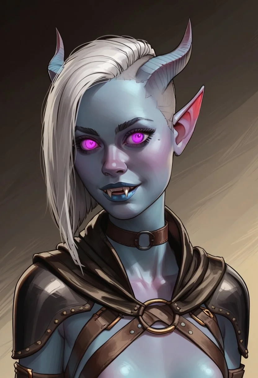 score_9, score_8_up, score_7_up, score_6_up, 1girl, gorgeous girl, beautiful eyes,
,smile, tiefling, short horns, slender body, blue skin, flat chest, leather cloak, leather armor, leather straps, metal bracer, blue lips, white hair, asymmetrical bob, undercut fade, purple eyes, fangs