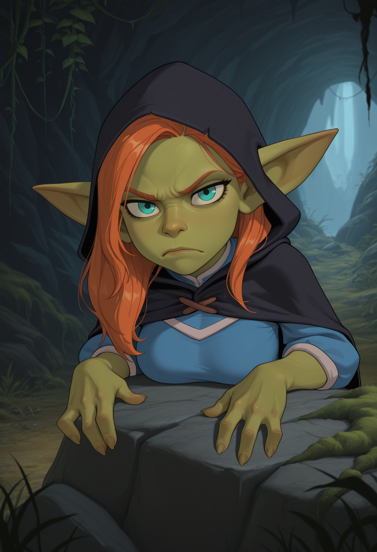 masterpiece, best quality, amazing quality, very aesthetic, absurdres, newest, solo, female goblin, aqua eyes, ginger hair, long hair, medium breasts, shortstack,  blue tunic, black cloak, black hood, cave, moss, grass, ivy, scowling, frown, looking at viewer, leaning on rock, upper body, close up, (4 fingers), wowgobbostyle, disney animation, <lora:WoW_GoblinGTb:0.3> <lora:Disney_Animation_v5-V7:1>