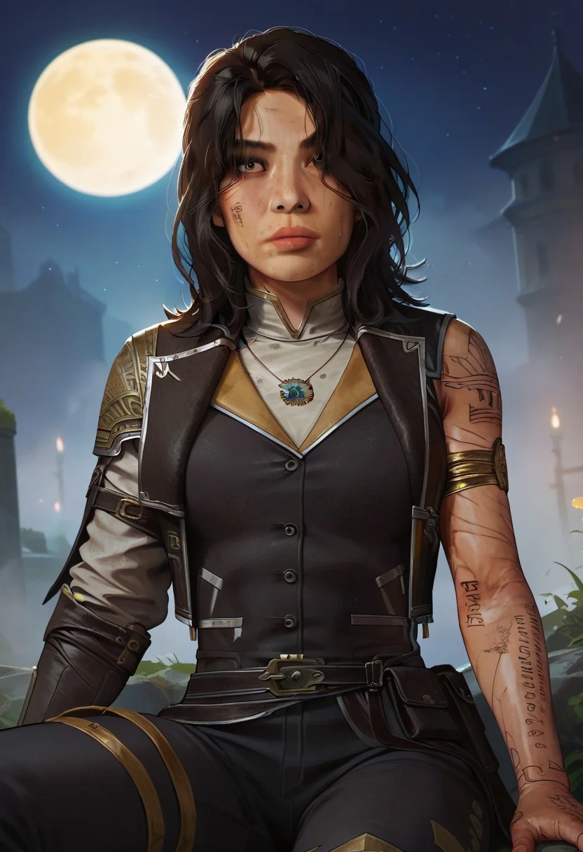score_9, score_8_up, score_7_up,((masterpiece)), sharp focus, 1girl,solo, (lune, black hair, brown eyes, gold arm tattoo, gold leg tattoo, black facial tattoo, (tattoo writing over left eye:1.1):1.2), (armor, clair obscur expedition 33, pants, single arm glove:1.2), close up, perfect face, hd quality, high quality, detailing face, detailing body, deatiled apartament, night, yellow moon, fog, sitting, from bellow, foot focus,