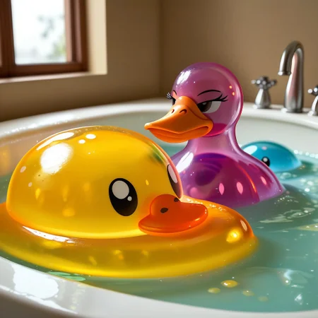 {1duck, 1 bath duck made out of slime, (slime duck:1.5), (yellow slime body:2), (orange slime beak:2), (glossy black eyes:1.5), translucent slime duck, transparent slime duck}
hud_sp_bth, flower, petals, water, bath, in an elegant bath tub, bubbles made out of slime, slimes hiding in the bath bubbles, bubble bath, perspective from inside tub, prespective from inside bath, lots of frothy bubbles,
everything made of slime, No simple background,
((translucent slime)), ((transparent slime)), (bioluminescent slime), sl1m3d, slime, slime-morph, saturated colors, no humans, no people, no man, no woman,
