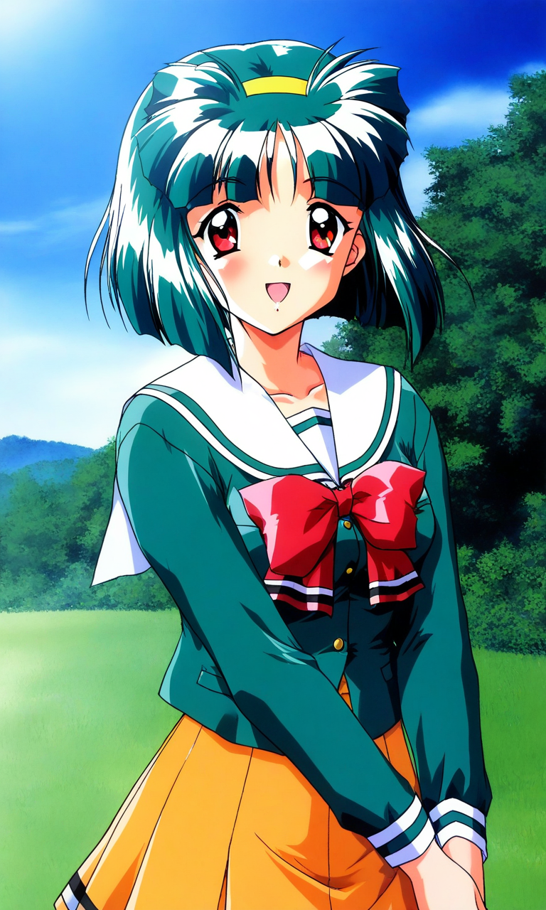 general,highres, ultra-detailed,very aesthetic,best quality ,best hands, BREAK <lora:Sakura_Kaedeko_Tokimeki_Memorial2_IS:1>
Sakura_Kaedeko(Tokimeki_Memorial2), 1girl, solo, short hair, green hair, yellow hairband, red eyes, bangs, breasts, 
school uniform,  bow, green shirt, long sleeves, shirt, pleated skirt, orange skirt, red bow, sailor collar, smile,
v arms,
looking at viewer, open mouth, yellow skirt, jacket, :o, cowboy shot, standing,
blue sky, grass,