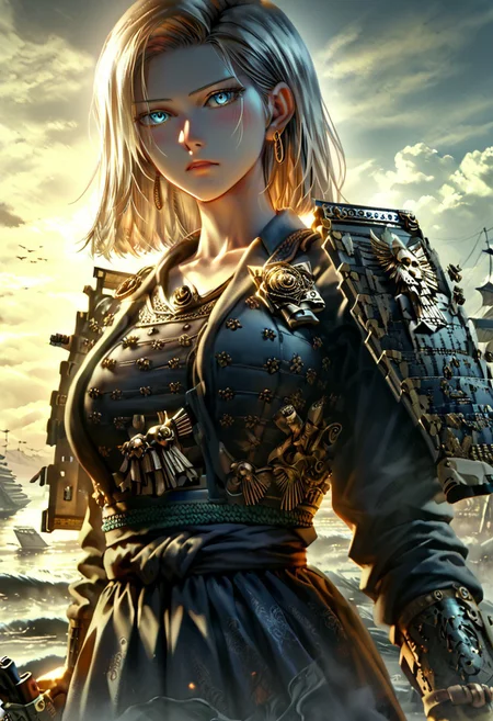 score_9, score_8_up, (cowboy shot:1.5), chest focus, best quality, masterpiece, high contrast, 8k, highly detailed, extremely detailed face, beautiful , Android No. 18, indifferent, blushing, excited, arrogant, side-parted blond hair, slender and perfect figure, (huge breasts: 1.0), thin waist, sexy long legs, beautiful blue eyes, big hoop earrings, wearing Japanese Warring States period armor, holding a Japanese Warring States Period matchlock gun ,  body shot from waist up, detailed background, surreal, HD, extremely detailed, high resolution, cinematic lighting, octane rendering, 8k resolution, Artstation quality, Horizontal viewing angle