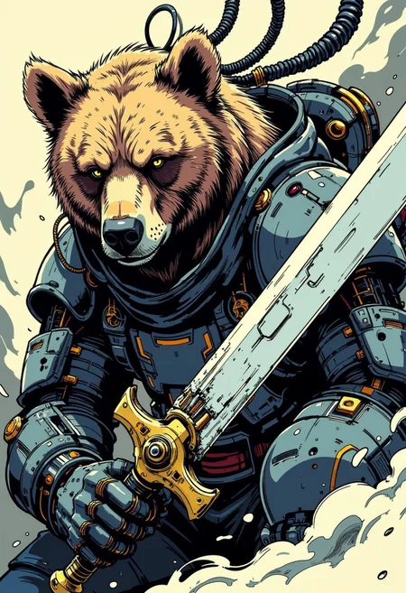 digital illustration, inksketch, anime art, in the style of cknc, Wabi-sabi grizzly bear assassin with (cyborg face parts),cyborg cybernetic enhancements, looking at the viewer, wielding an (enormous sci-fi sword) with mechanical parts at the viewer, (action pose, action shot), action camera effects, intricate detailed, epic quality, profile picture, mechanical, background is a cyborg lab he is trying to escape from. manga