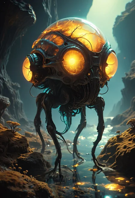 Stunning sci-fi fantasy landscape replete with glowing Bioluminescence. Wonderous and full of enchanting mysteries. Hyperrealistic, sharp focus, mixed media, dramatic lighting, ultra-detailed, ray-traced, award-winning, light leaks, high contrast, warm colors, color graded, zavy-rmlght, dark, chiaroscuro, fluorescence, artialien, Ultraviolet style