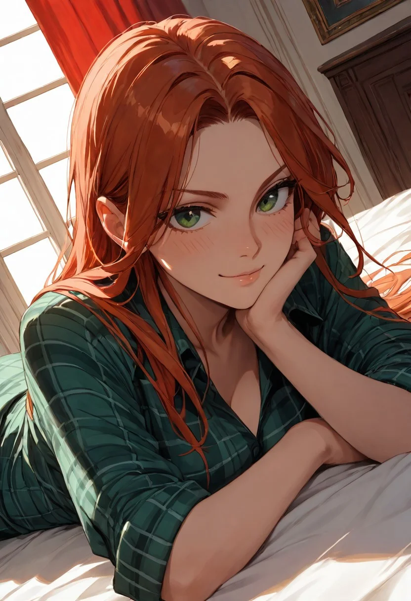 (score_9, score_8_up, score_7_up), zPDXL3, (drawn, wide hips:1.3),1girl, solo, medium breasts, redhead,
green eyes, long hair, green flannel, shirt, cowboy shot, lying, on bed, on side, baroque hall, baroque bedroom, window, red curtains,
stomach, from above, (face focus, close-up:1.5), blush, looking away,
looking at viewer,
dutch angle,
smug,
