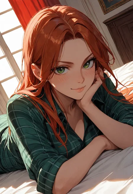 (score_9, score_8_up, score_7_up), zPDXL3, (drawn, wide hips:1.3),1girl, solo, medium breasts, redhead,
green eyes, long hair, green flannel, shirt, cowboy shot, lying, on bed, on side, baroque hall, baroque bedroom, window, red curtains,
stomach, from above, (face focus, close-up:1.5), blush, looking away,
looking at viewer,
dutch angle,
smug,