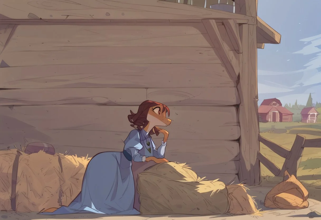 safe_pos, BeansPXL, jewelry, long sleeves, juliet sleeves, necklace, puffy sleeves, dress, blue dress, brown eyes, brown hair, short hair, drill hair, reptile girl, large breasts, narrow waist, wide hips, anthro lizard, scales, furry, female furry, sleeping on hay baile, on side, holding a big egg in a blanket, snoring, porch light, early evening,
flat color, fca style, toon \(style\), 2d,score_9, score_8_up, score_7_up, score_6_up, farm house, fence,