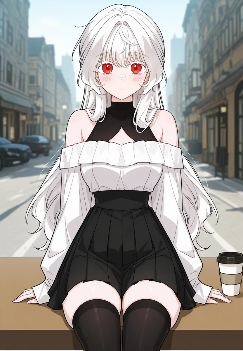 gorgeous girl, kawaii girl, cute face, masterpiece, best quality, very awa, absurdres, ultra-detailed-eyes, detailed background, ambient occlusion, raytracing, soft lighting, absolutely eye-catching, intricate cinematic background, (beautiful face), Masterpiece,(perfect female body),(detailed hair), detailed background, small waist, detailed skin, (4k),(incredibly detailed:1.4), perfect anatomy, slim, neatly drawn nose, beautiful fingers, small waist, (super model body), (breasts), looking at viewer, blush, clothing cutout, city, casual, black thighhighs, skindentation, sleeves past wrists, street, zettai ryouiki, pleated skirt, bare shoulders, high-waist skirt, sitting, table, coffee cup,
<lora:Eisel_-_The_Male_Lead_Is_In_Charge_Of_The_Successor-Kaleid_Illustrious:1> /eisel/, 1girl, long hair, red eyes, bangs, white hair, white eyelashes,