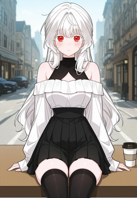 gorgeous girl, kawaii girl, cute face, masterpiece, best quality, very awa, absurdres, ultra-detailed-eyes, detailed background, ambient occlusion, raytracing, soft lighting, absolutely eye-catching, intricate cinematic background, (beautiful face), Masterpiece,(perfect female body),(detailed hair), detailed background, small waist, detailed skin, (4k),(incredibly detailed:1.4), perfect anatomy, slim, neatly drawn nose, beautiful fingers, small waist, (super model body), (breasts), looking at viewer, blush, clothing cutout, city, casual, black thighhighs, skindentation, sleeves past wrists, street, zettai ryouiki, pleated skirt, bare shoulders, high-waist skirt, sitting, table, coffee cup, 
<lora:Eisel_-_The_Male_Lead_Is_In_Charge_Of_The_Successor-Kaleid_Illustrious:1> /eisel/, 1girl, long hair, red eyes, bangs, white hair, white eyelashes,
